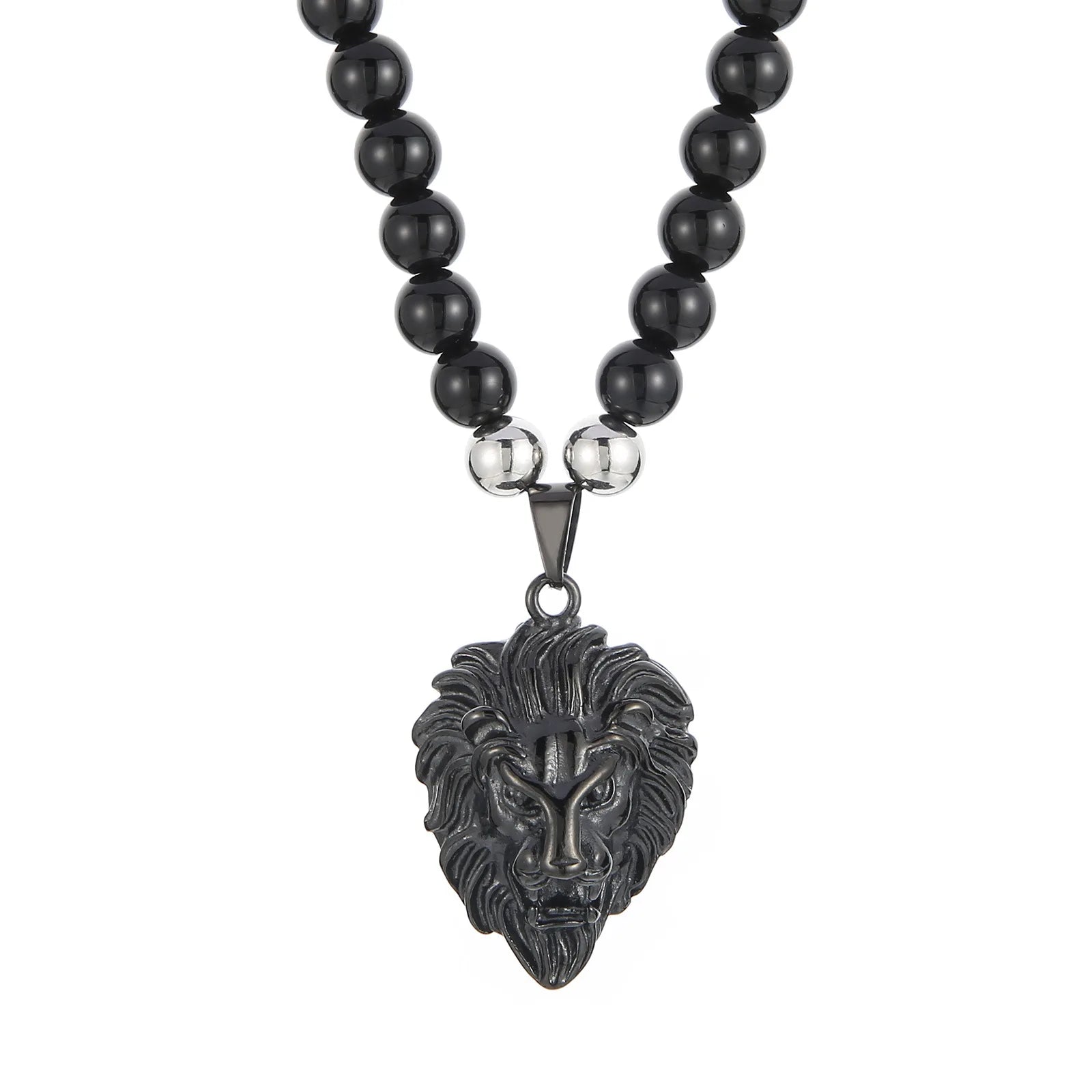 Hiphop Jewelry Stainless Steel Black Onyx Lions Head Pendant Necklace Men