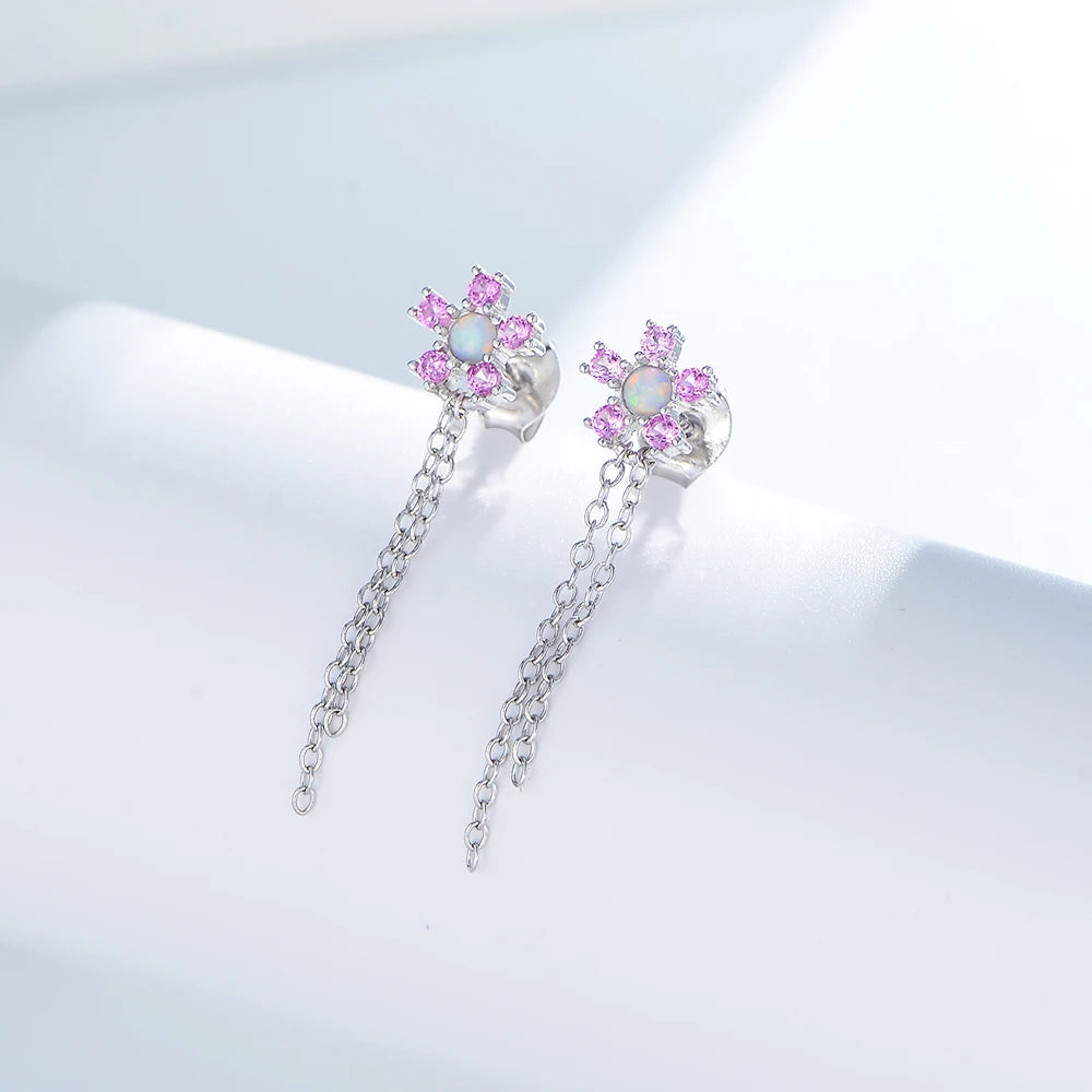 Women Fashion 18K Gold Plated Color Zircon Flower Shape Long Bar Chain Dangle Tassel Stud Earrings