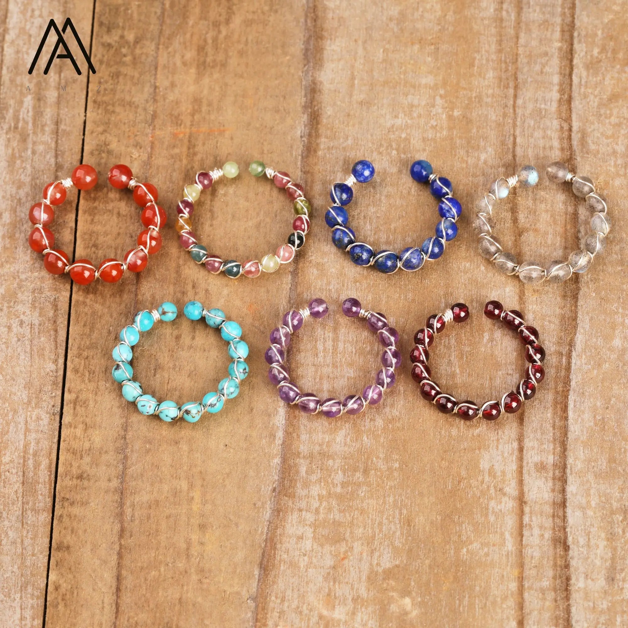 Fashion Loose Beads Rings for Women  Adjustable  Mini Stone Healing Crystal Ring Gift