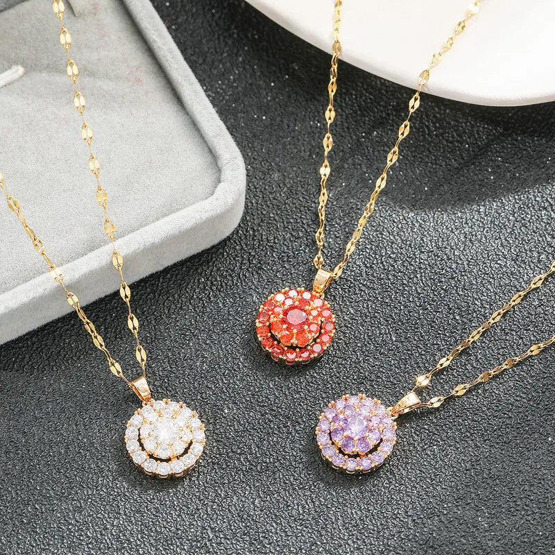Hot Sale Bling Rhinestone Crystal Round Diamond Stainless Steel Link Chain Sapphire Emerald CZ Necklace