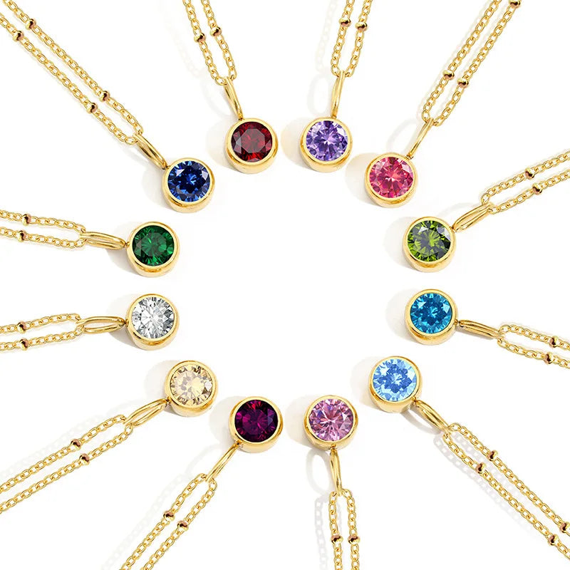 Women Fashion Stainless Steel Gold Plate 18k Gold Plate Colorful Birth Month Sign Round Zircon Stone Necklaces