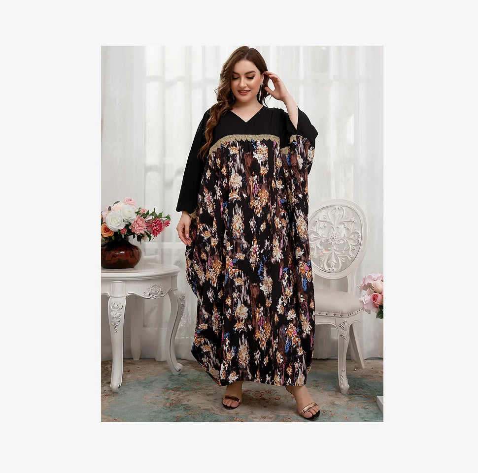 10% One Size Middle Eastern Floral Print Contrast Paneled Doll Sleeves Loose Embroidered Dress Robe