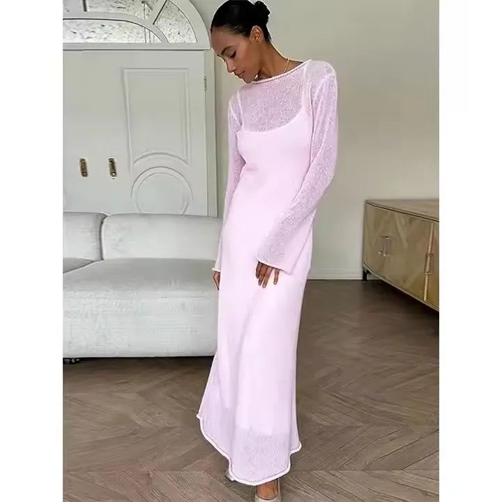 Femme New Women 2025 Elegant Chic Soft Lady Hollowing Sweater Dresses Spring Autumn O-Neck Elastic Knit Long Dresses