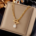 Trendy Double-Layered Gold Plated Baroque Pearl Necklace OT Buckle & Thick Chain for Women's Weddings or Gifts