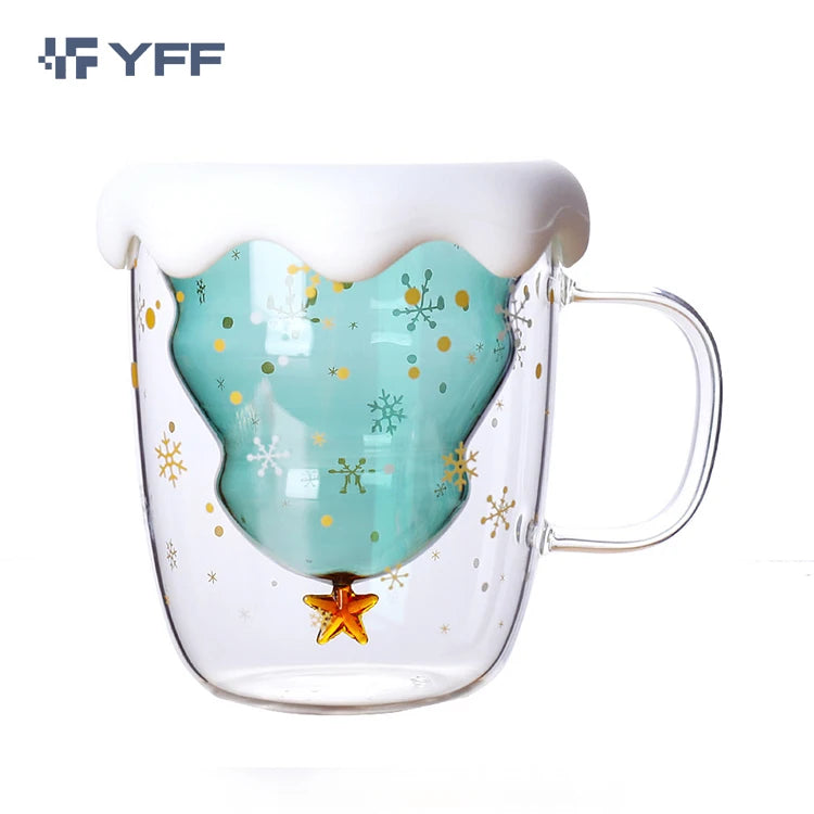 Christmas Cup With Handle 300ml Elegant Design Double Wall Cup Coffee Glass Mug