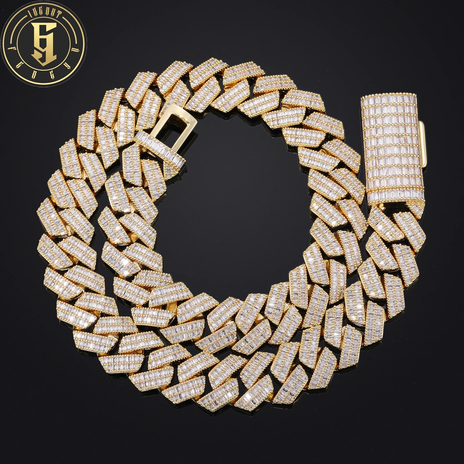 Fashion Hip Hop Jewelry Wholesale 20mm Gold Plated Brass 2 Rows Baguette Zircon Diamond Cuban Link Chain for Mens