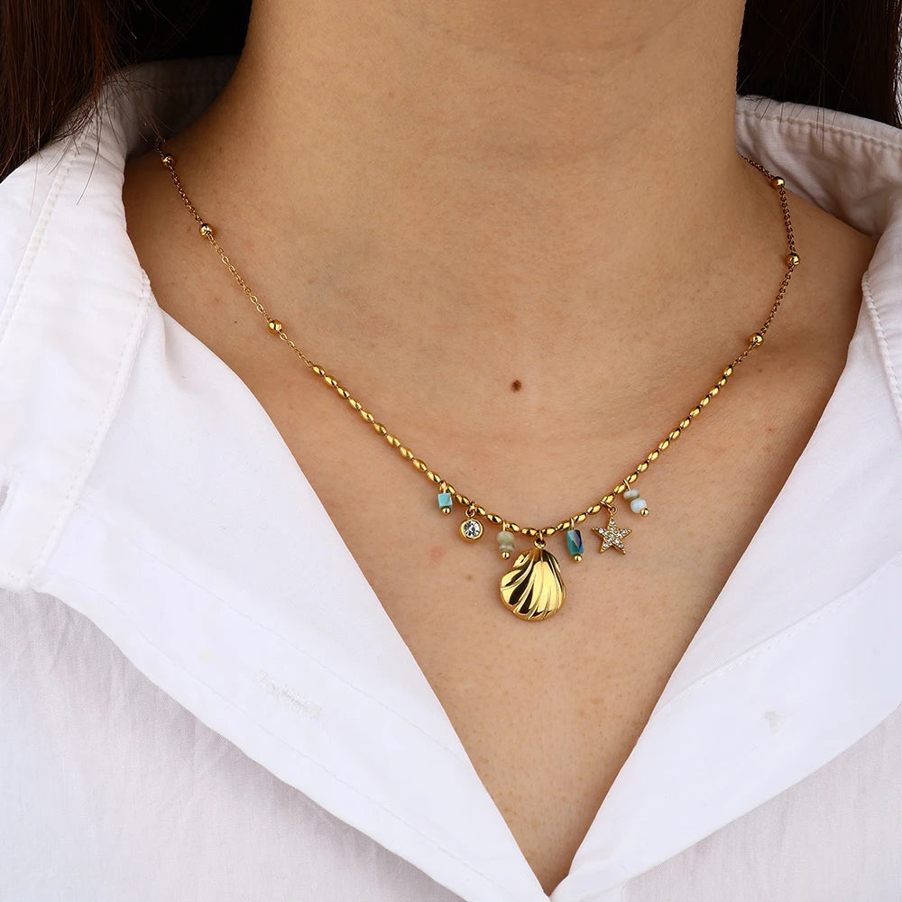 De Stainless Steel Zirconia Shell Pendant Chain Star Design Stainless Steel Necklace Gold Plated Stainless Steel CZ Chain