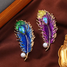 Vintage Rhinestone Pearl Feather Brooch for Women's Pins