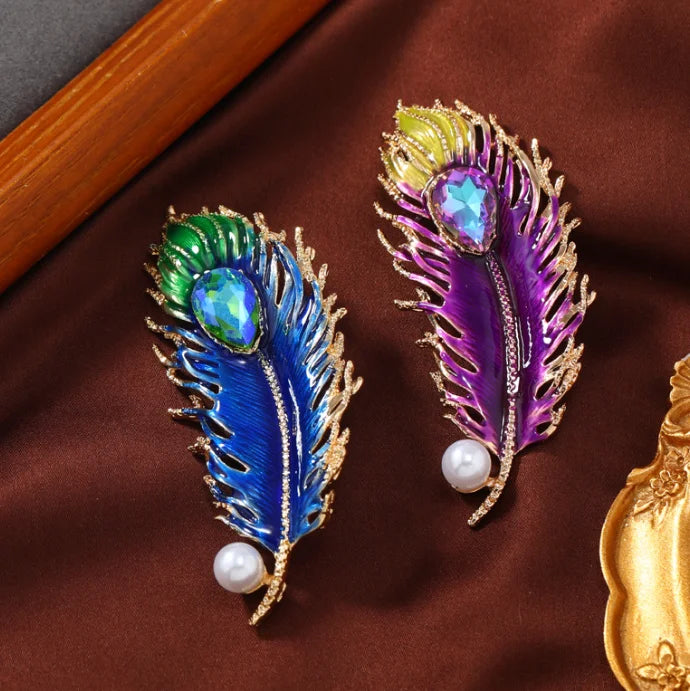 Vintage Rhinestone Pearl Feather Brooch for Women's Pins