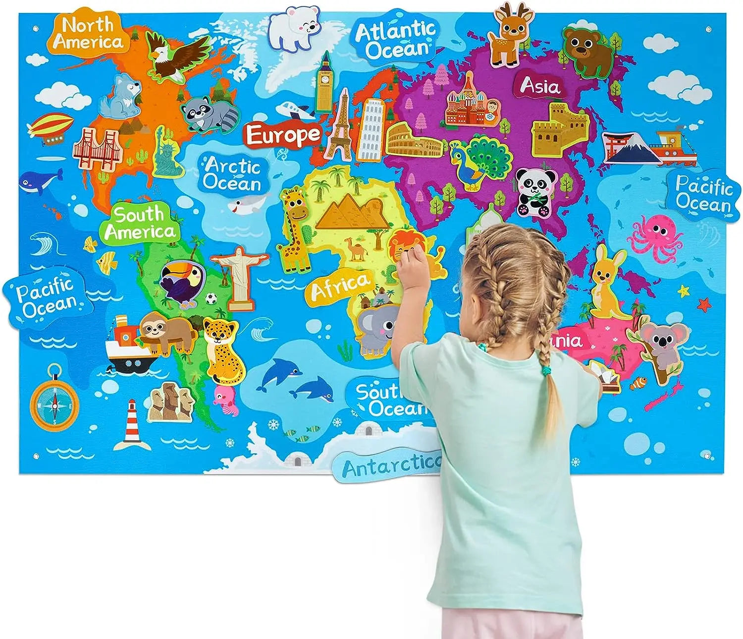 Preschool Learning Felt Boardfelt World Map with World Famous Sights Educational Play Mat Felt Board Set