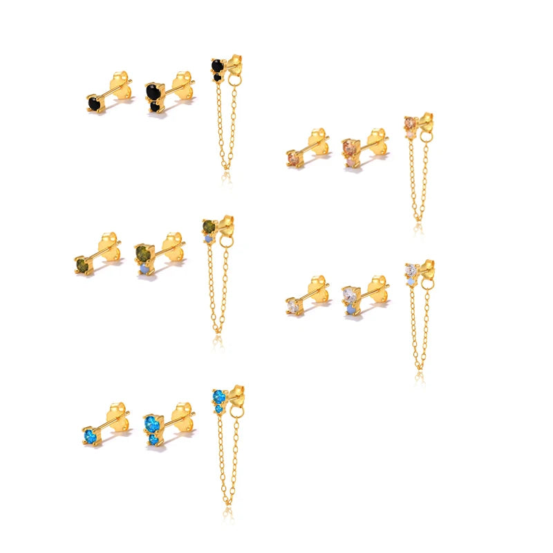 Cubic Zirconia 925 Sterling Silver Small Studs Earrings Gold Plated Long Chain Drop Earrings Set