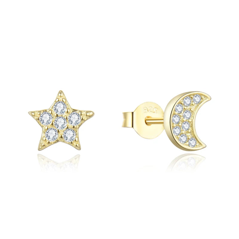 925 Sterling Silver Boho Earrings Gold Plated Moon Stars Trending Crown Pattern Studs for Women for Wedding Party Chic Zircon