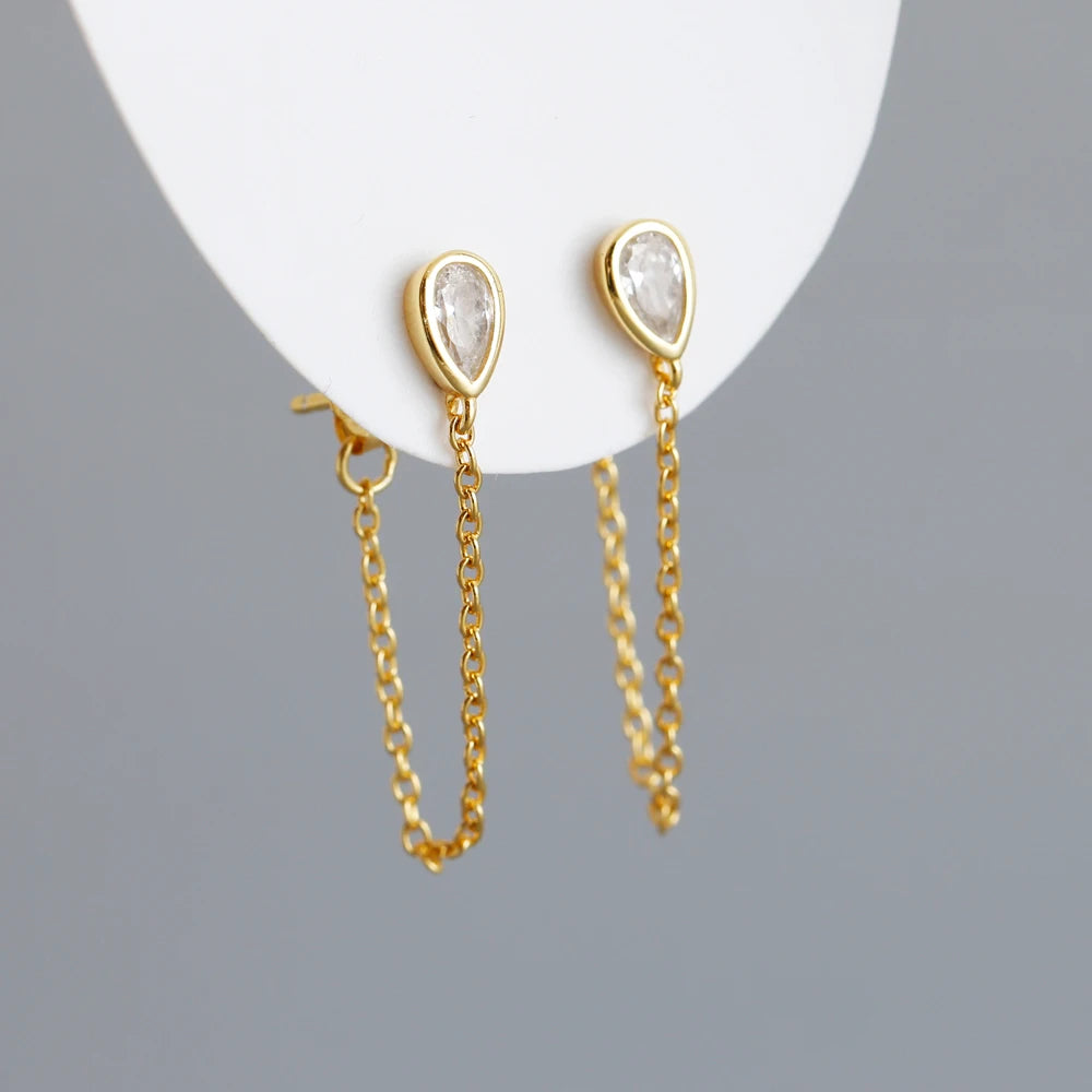 Ins 925 Sterling Silver Long Chain Tassel Oval Water Drop Gold Plated Stud Earrings Jewelry for Women