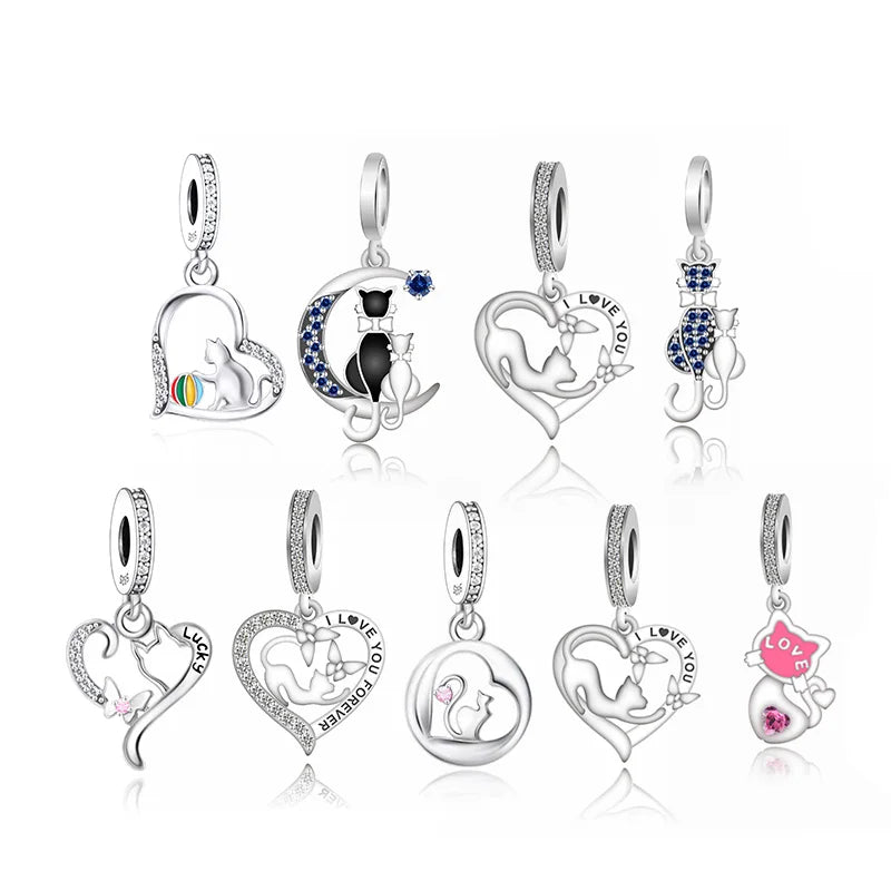 Fit Original Pan Charms Bracelet 925 Sterling Silver Black White Cat Playing Ball Bead for Women Jewelry Making