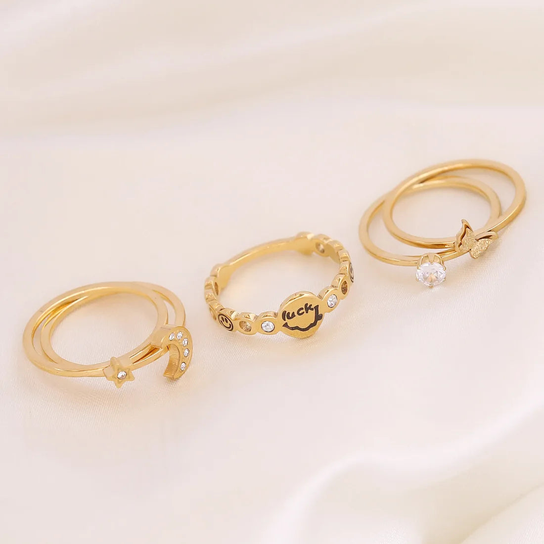 Anillo De Oro Stainless Steel Customized Letters Lucky Colorful Ring Dedeira De Ouro Anel  Gold Plated Star Moon Butterfly Ring