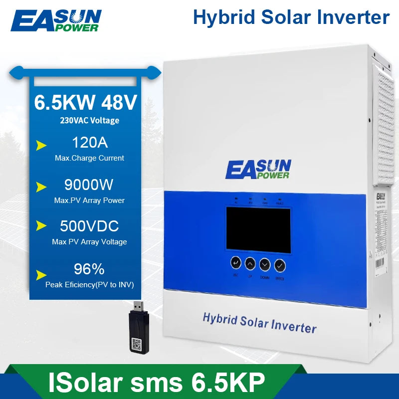 Easun 48V 6.5KW Hybrid Solar Inverter 230VAC 120A Pure Sine Wave 12kVA Surge 98% Efficiency