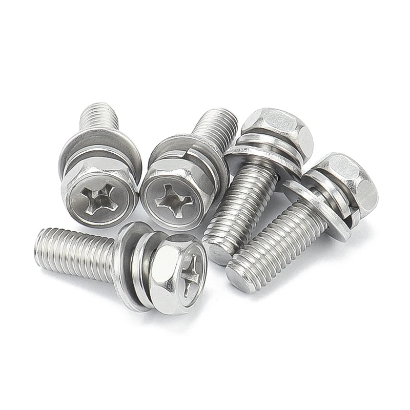 304 Stainless Steel Outer Hexagon Screw M3M4M6M8M10 Recessed Cross Bolt Three Combination for Metric System