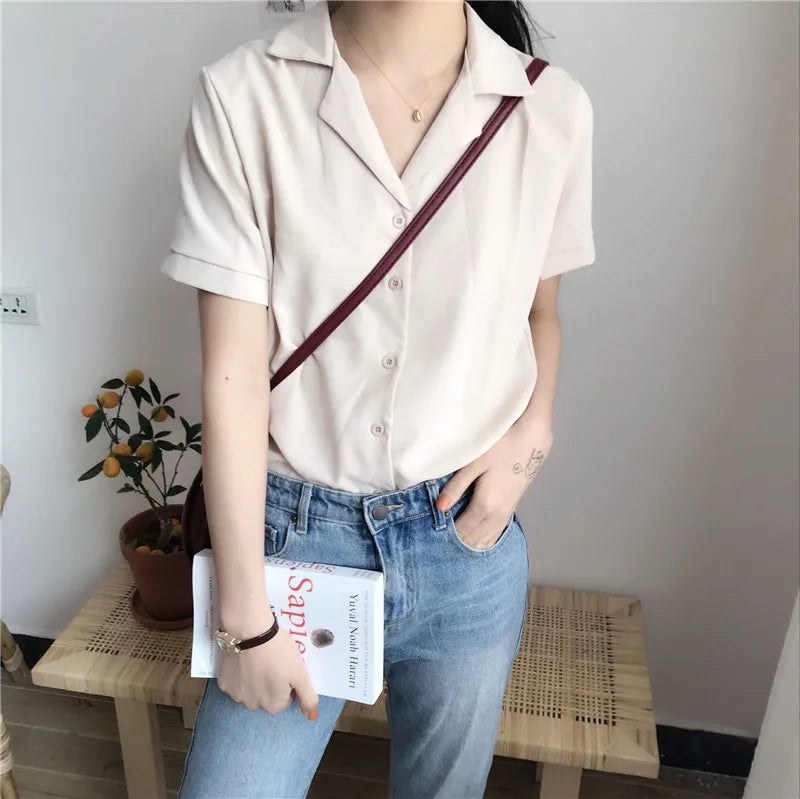 Spring Blouse Shirt for Women Fashion Short Sleeve V Neck Casual Office Lady White Shirts Tops Japan Korean Style
