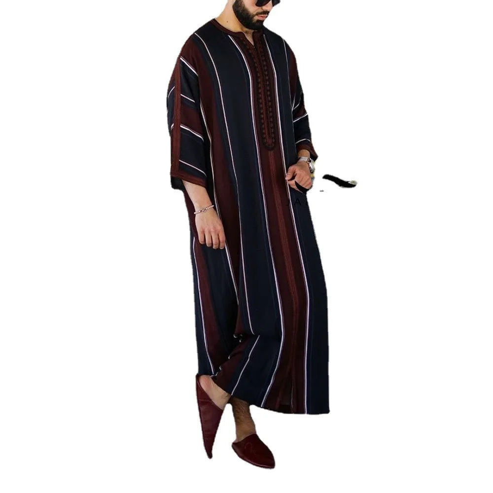 2023 Black Thin Linen Striped Youth Loose Fit Men's Muslim Robe Jubba Thobe Pakistan for Muslim Men Abaya Djellaba