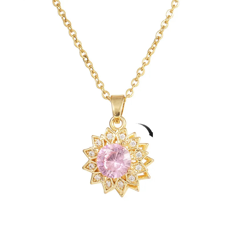 Hot Selling Stainless Steel Chain Necklace Cold Plated Shiny Pink Zircon Flower Rotating Spinning Clover Pendant Necklace