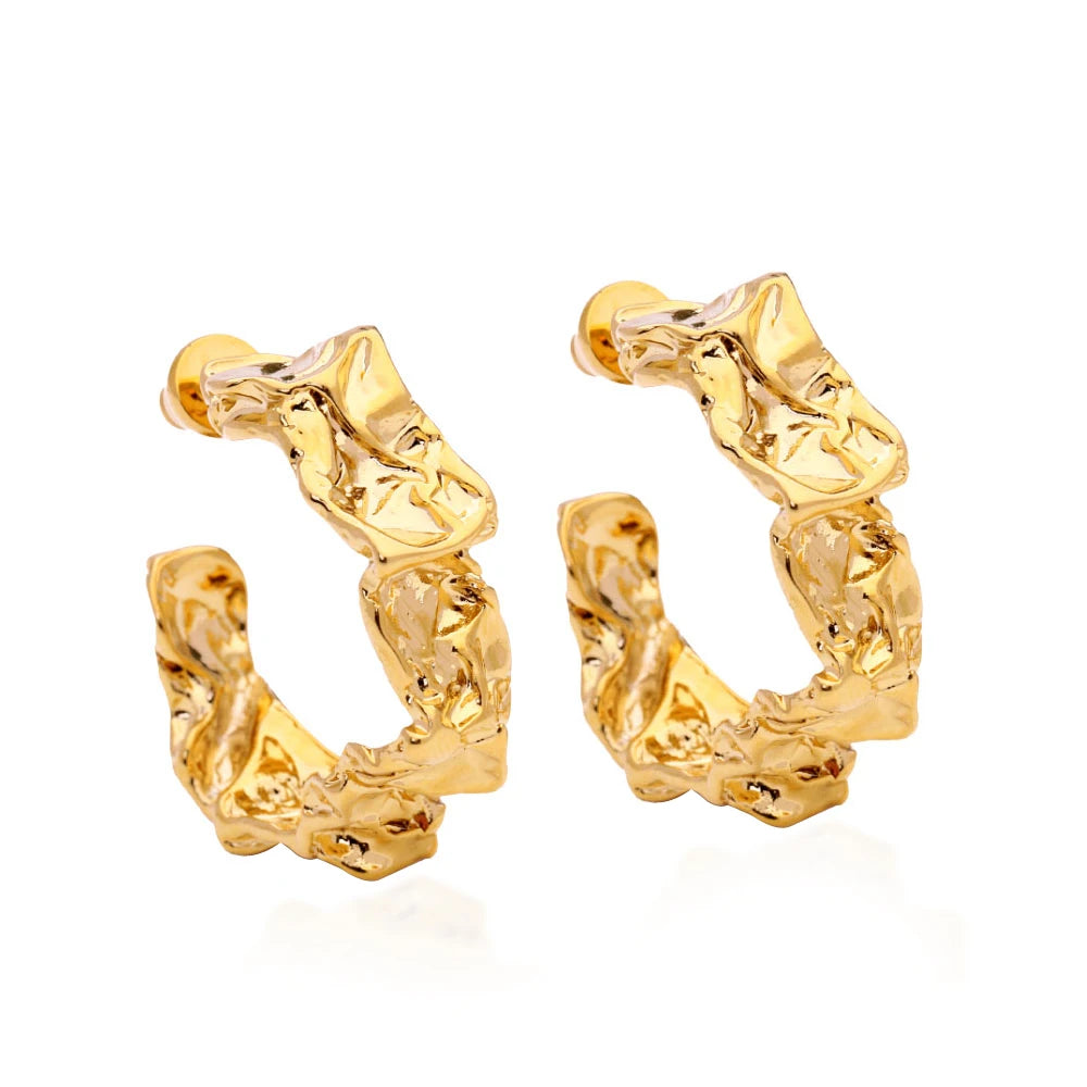 Crumpled Brass Big Chunky Hoop Earring Custom Abstract Irregular Melted Lava Hammer Earrings for Women Statement Jewelry