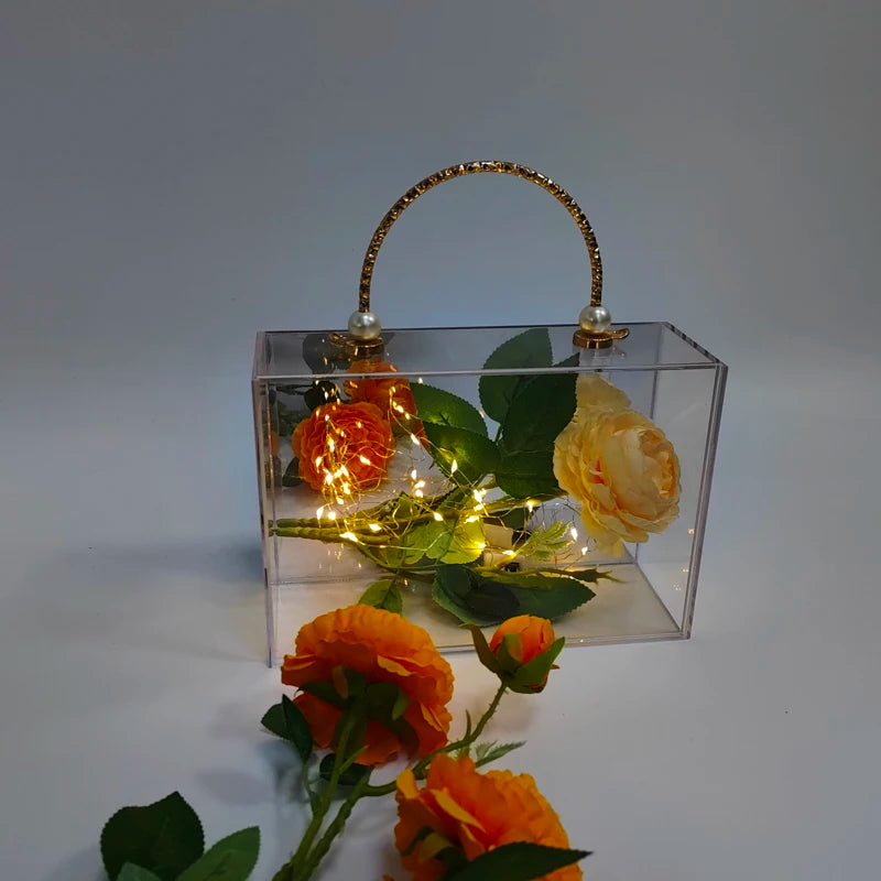Modern Elegant Portable Acrylic Flower Display Racks with Gold Handle Transparent Eco-Friendly Gift Store for