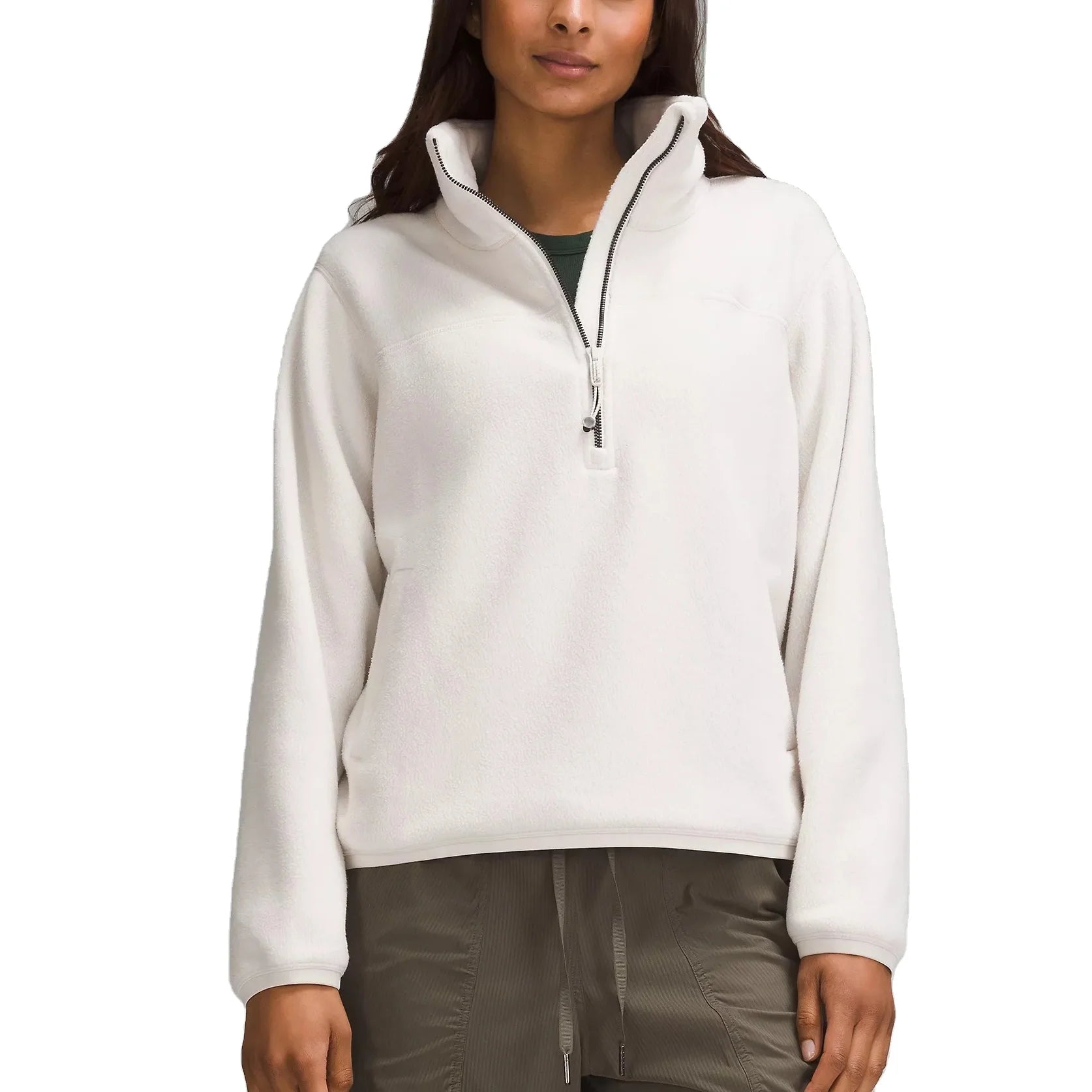 Women's Comfortable Loose Fit Half Zip Fleece Pullover Stand Collar Long Sleeve Adjustable Hem Jacket