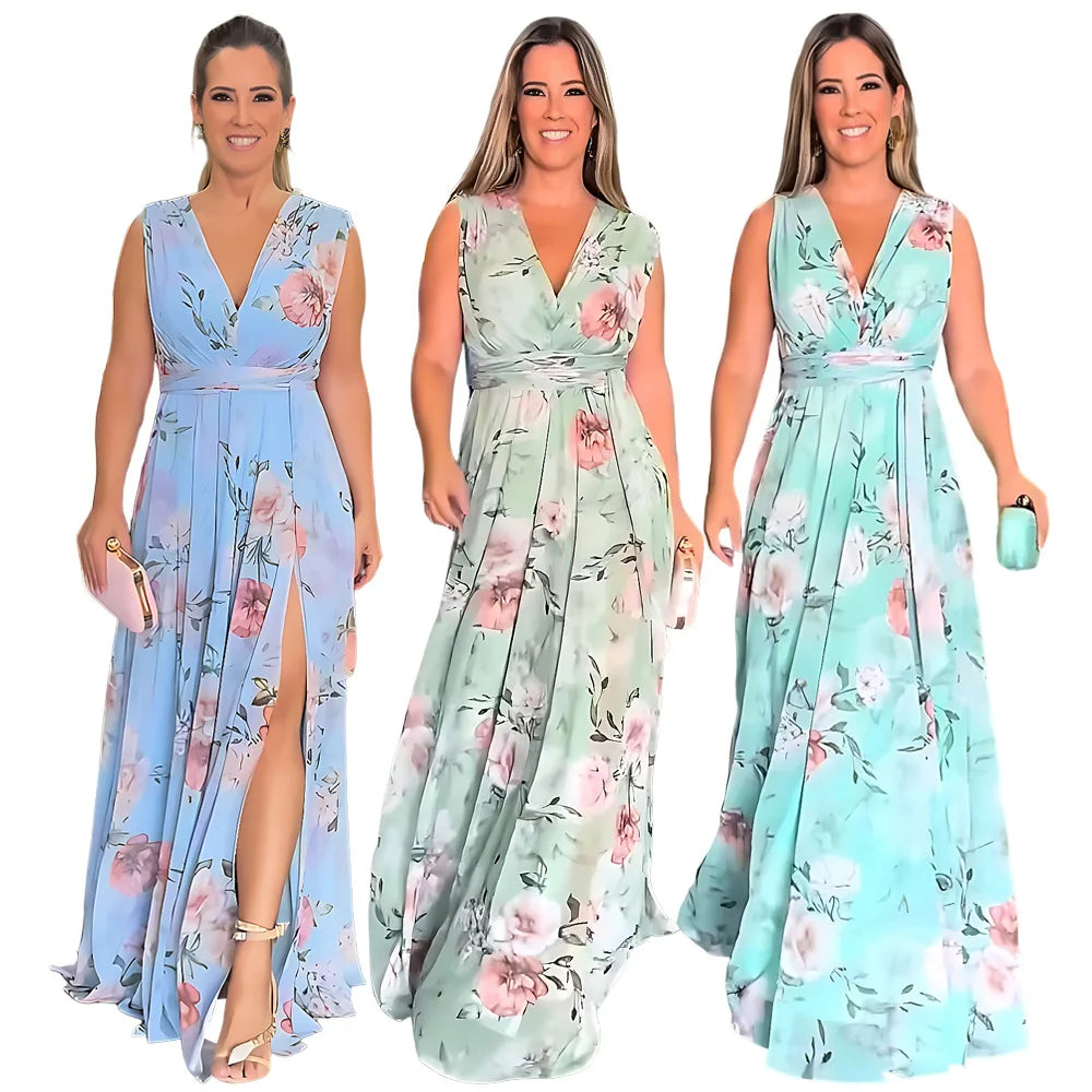 YQY10209 Trendy Summer Dress for Women Elegant Sleeveless Split Backless Printed Chiffon Dresses Women Casual Long Maxi Dresses
