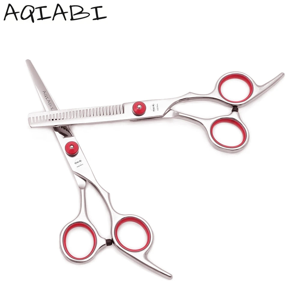 AQIABI JP 4CR Stainless Steel Right-Handed Hair Cutting Scissors 6'' Red Screw Thinning 56-58HRC 20-30% Thin Rate Sharp Blade