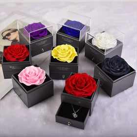 Mothers Day & Christmas Gift Customizable Preserved Roses Acrylic Jewelry Box with Necklace Eternal Rose Flowers Gift for Mom
