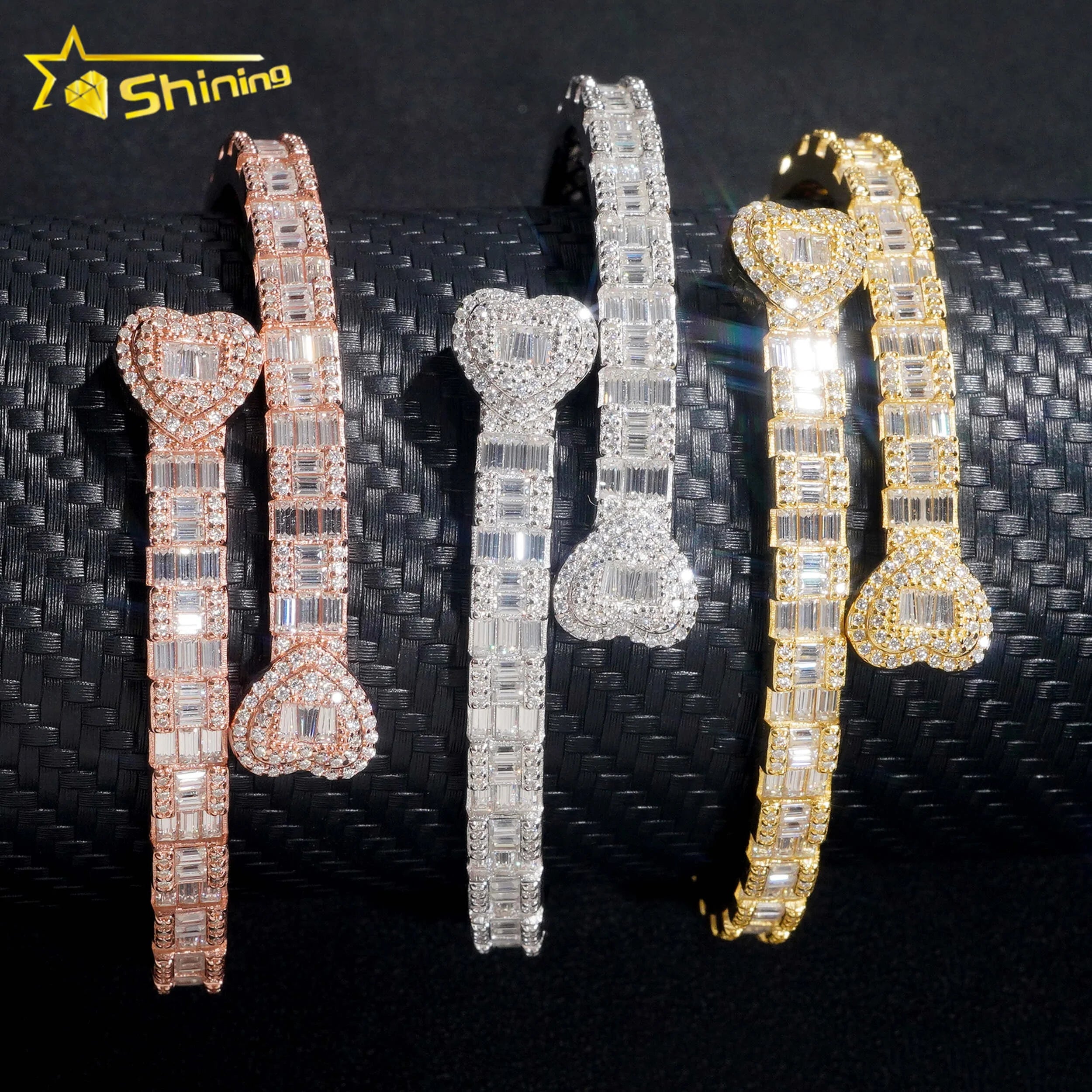 Heart Style Bangle Iced Out Bracelet Moissanite S925 Silver Baguette Moissanite Diamond Bracelet