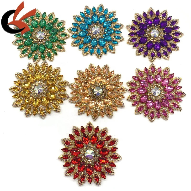 AB Crystal Flower Color Flatback Silver & Gold Costume Dress Sew-on Applique Alloy Drop Shape with Loose Rhinestones
