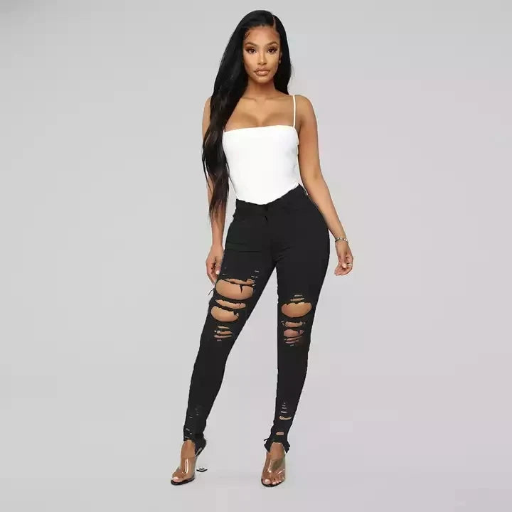 White Black Blue Ladies Jeans Women Ripped Skinny Jeans High Waist Women's Pants Wholesale