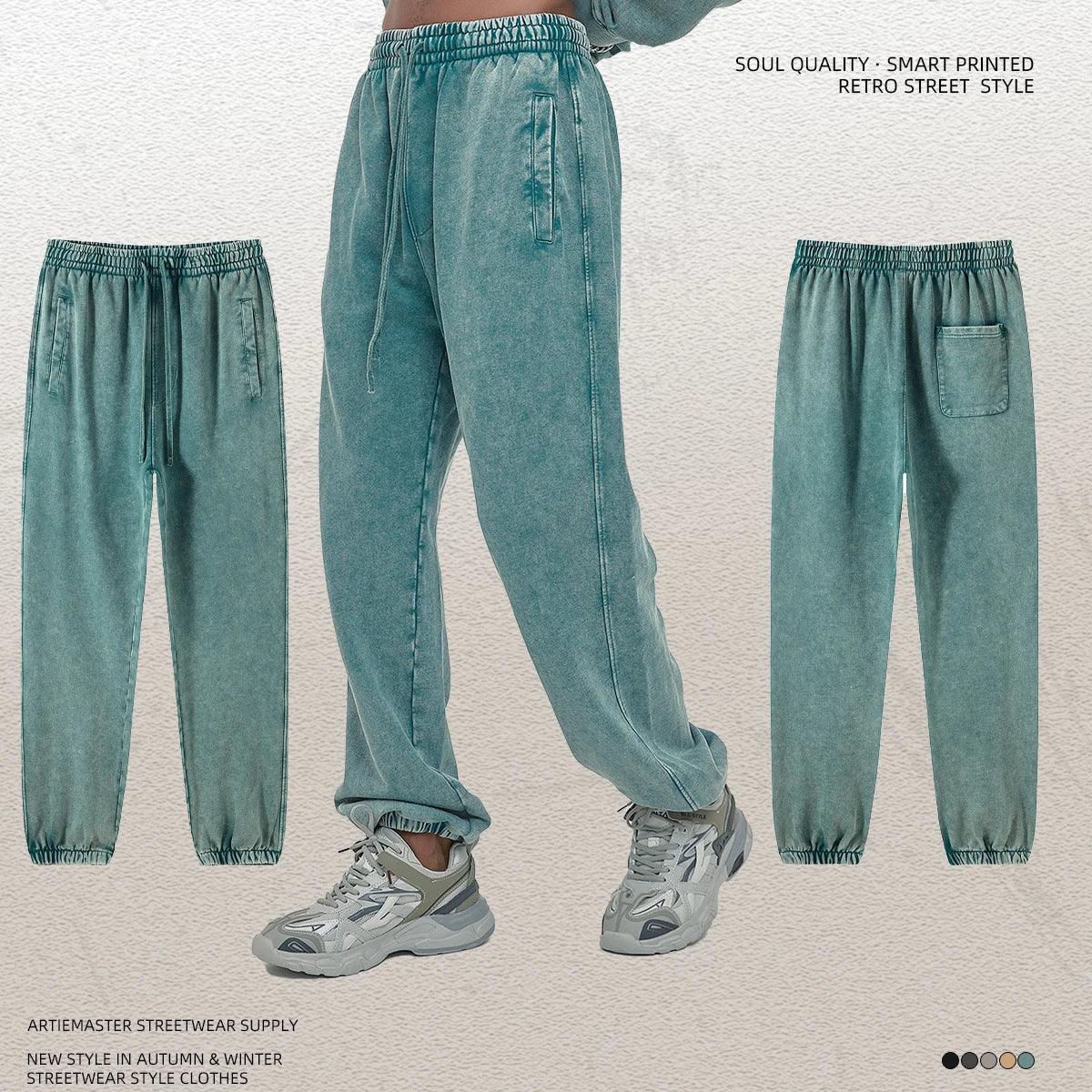 Street Trend Brand Batik Dyed Loose Fit Mid Fleece Lining Drawstring Closure Men's Vintage Washed Sanitary Pants Pure Cotton