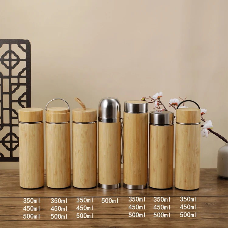 Natural Retro Outdoor Portable Bamboo Cup Multi-capacity Creative Double Stainless Steel Bamboo Shell Thermos Cup