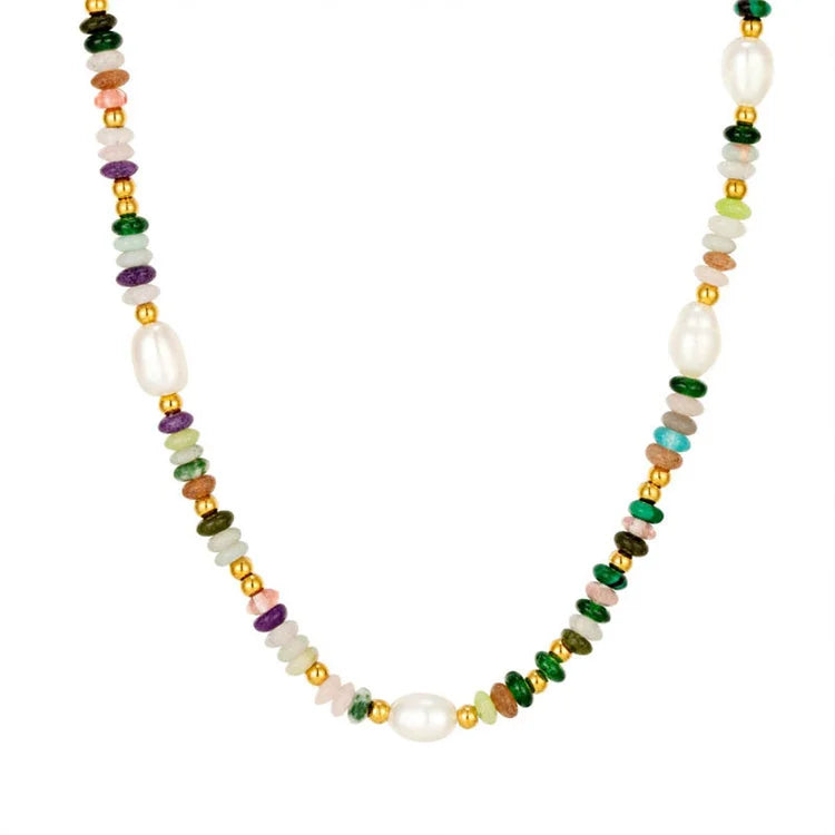 Bohemian Jewelry Choker Necklace Pearl Charm rainbow Natural Stone Chain Necklace