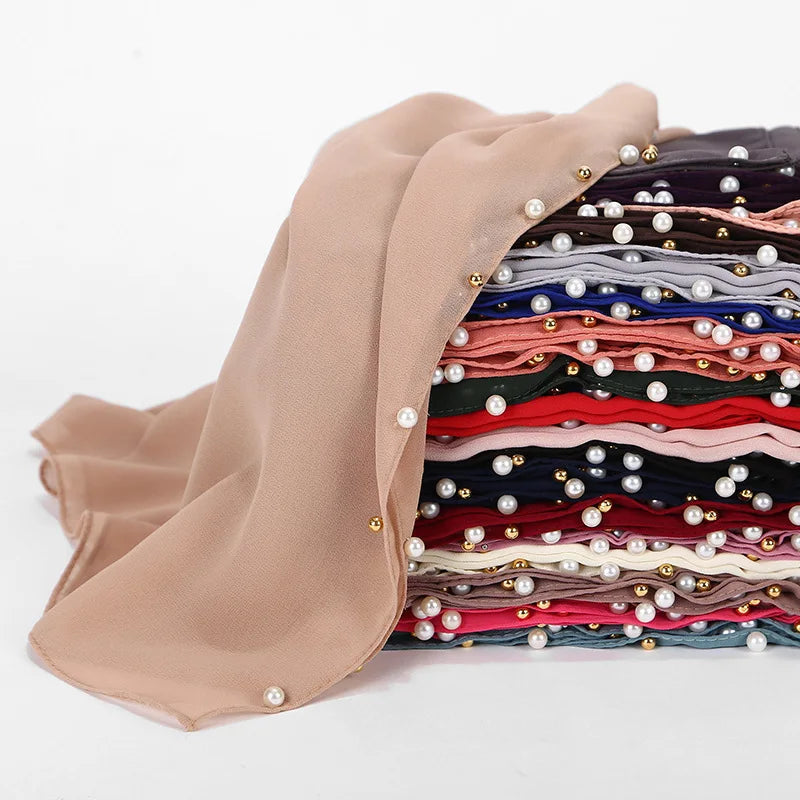 90 Color Gold Ball and White Pearl Plain Bubble Chiffon Hijab Muslim Shawl Women Head Wraps Headband Scarves Hijabs MegaBDM