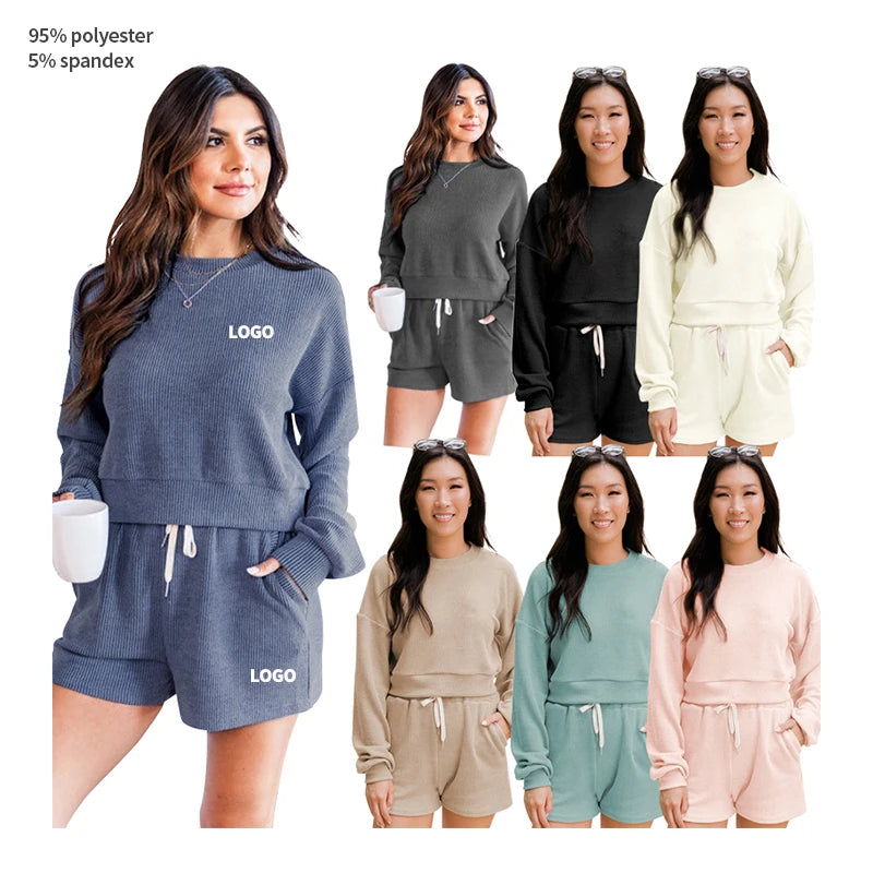 95% Polyester 5% Spandex Custom Logo Drawstring Crewneck Long Sleeve Pullover Above Knee Casual Women's Suit Sets
