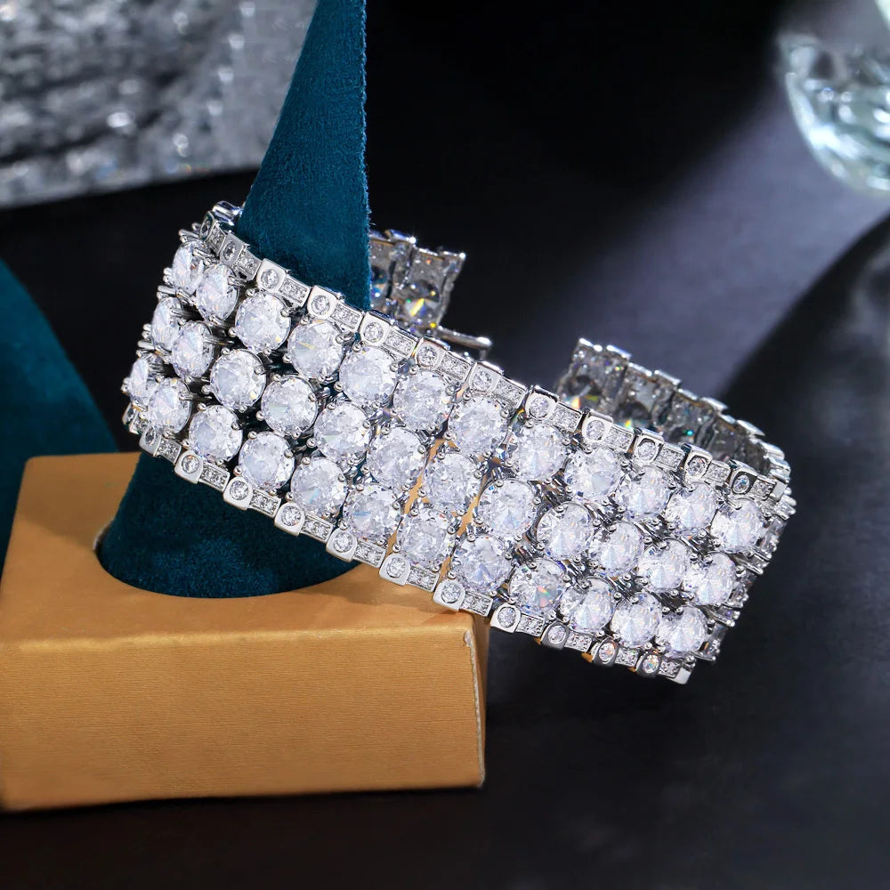 Sparkling Triple Row Big Round Cut Cubic Zirconia Wide Wedding Tennis Bracelet for Women Brides Engagement Banquet Party Jewelry