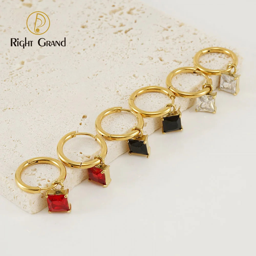 Fashion Paragraph Earrings Jewelry Stainless Steel Gold Plated Buckle Square Zircon Pendant Earrings