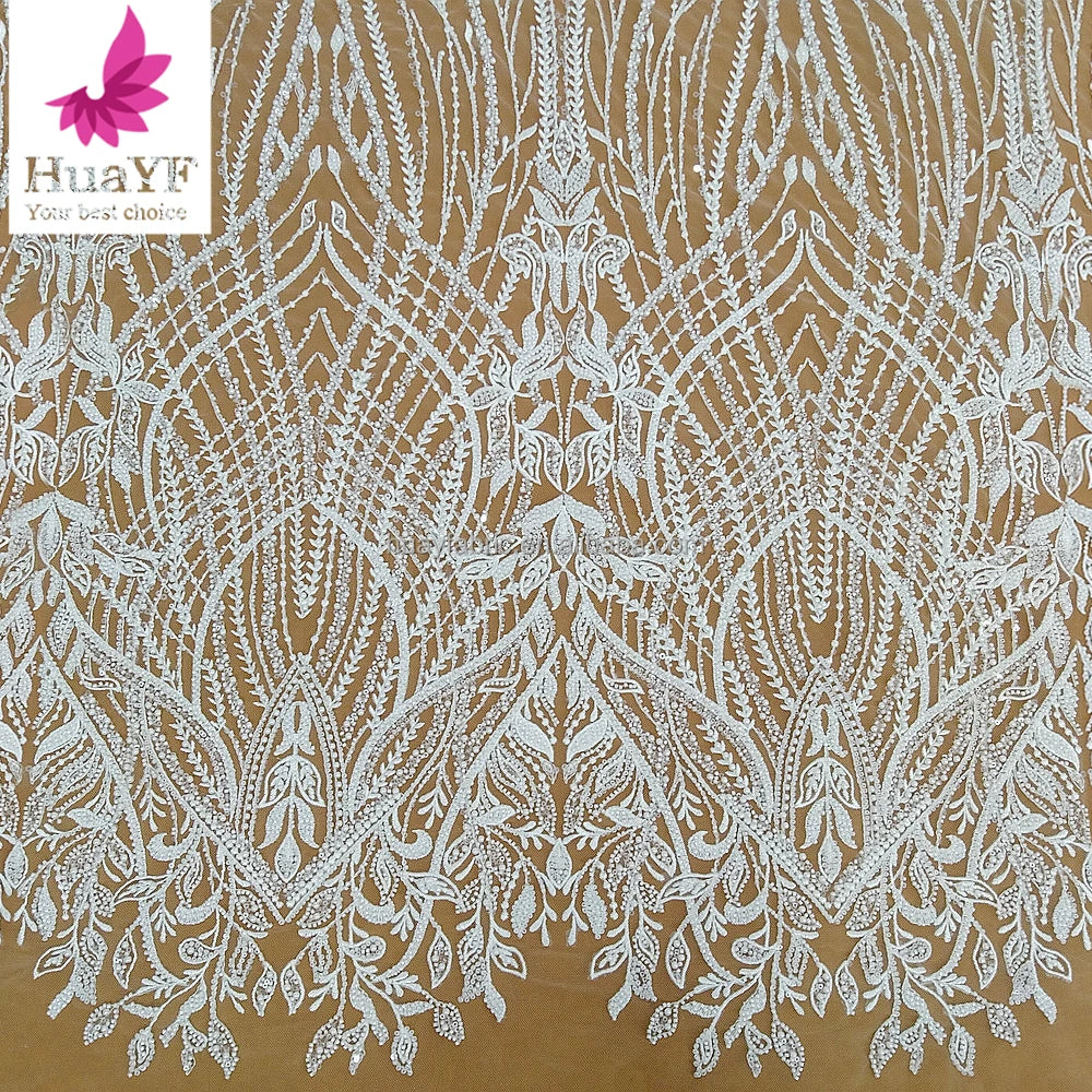 HY3038 High Density African Lace Embroidery with Pearl Beads Bridal Wedding Dress Lace Fabric