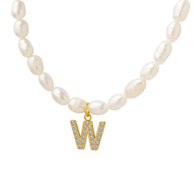 Natural Fresh Water Pearl Alphabet Letter Necklace Diamond Initial Necklace 18k Gold Plated Stainless Steel Jewelry