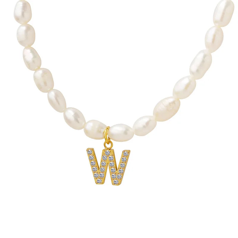 Natural Fresh Water Pearl Alphabet Letter Necklace Diamond Initial Necklace 18k Gold Plated Stainless Steel Jewelry