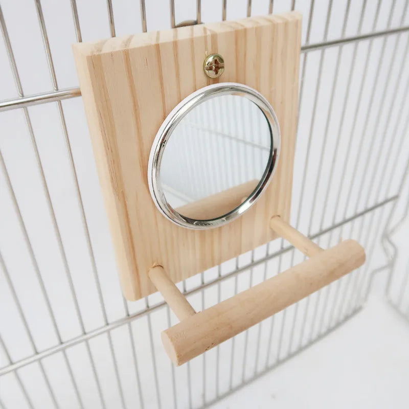 Parrot Wooden Mirror Toy - Wooden Perch Stand Bird Mirror Training Bird Toy Parrot Supplies and Cage Accessories