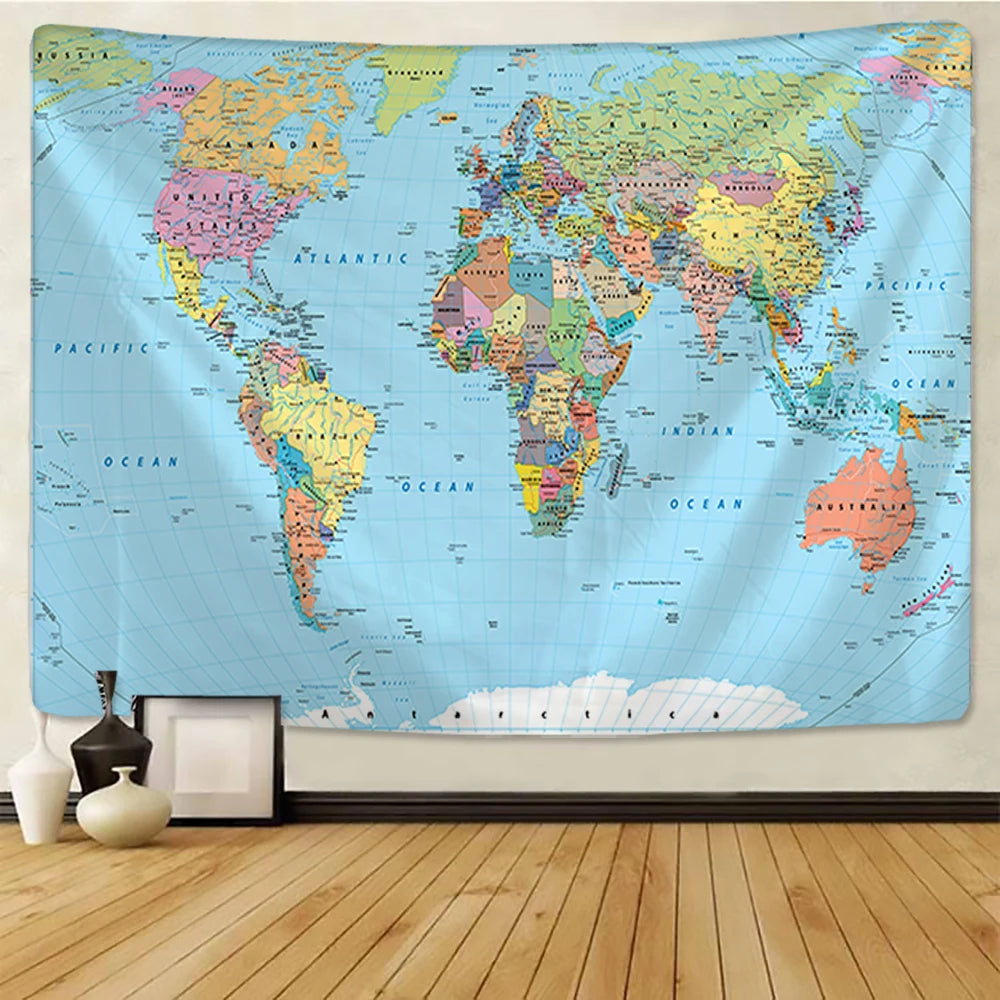 World Map  Decor Watercolor Map Letter Polyester Tapestry for Table Cover Yoga Beach Towel