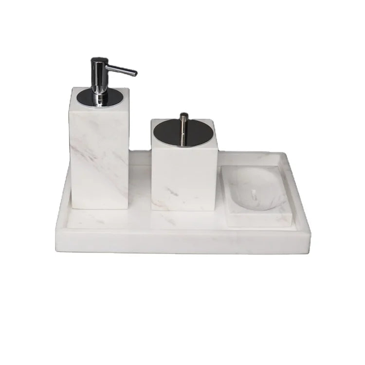 Luxury Elegant White Travertine Marble Stone Square Custom Bamboo Soap Dishes Dispensers Ceramic Bathroom Dish Tray Set