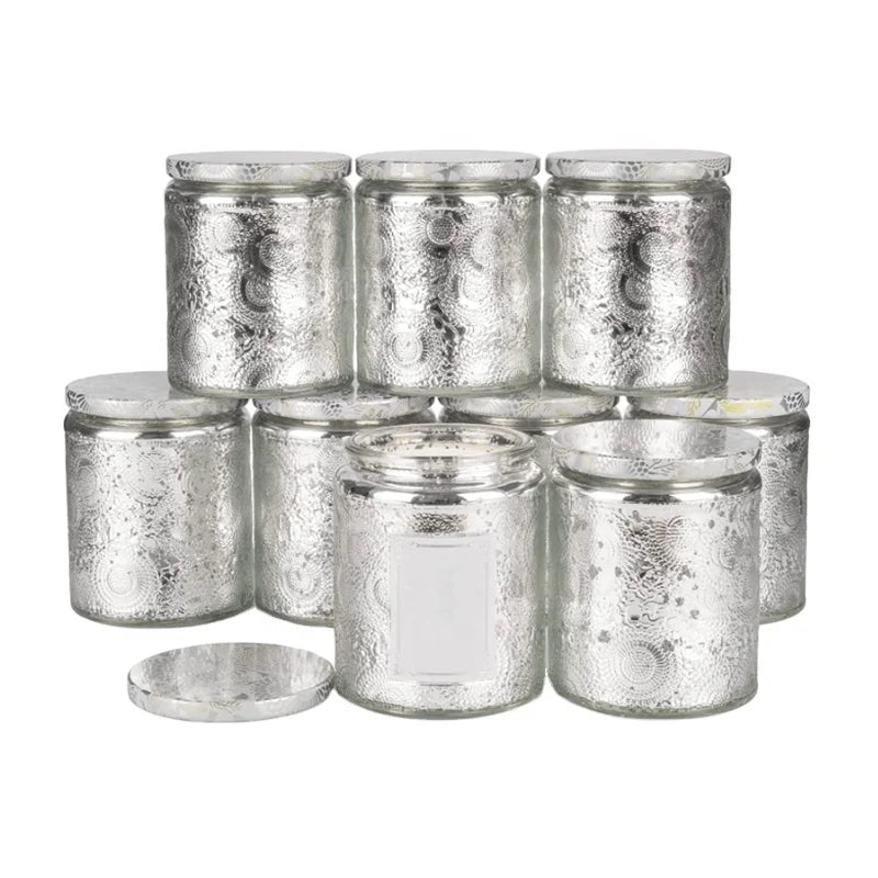 Embossed 8oz 250ml Empty Electroplated Silver Decorative Glass Candle Holders Jars Container with Gift Box