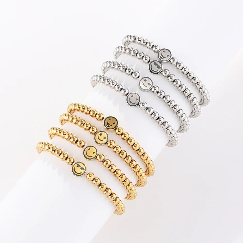 Classic Gold Plated Stainless Steel Beads Emotion Smile Bracelet Beaded Stretch Stacking Bracelets for Women