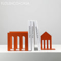Modern Art Deco Metal Bookends in White Black Blue-Creative Shape Engraved Design Flolenco Brand 2-Piece Set