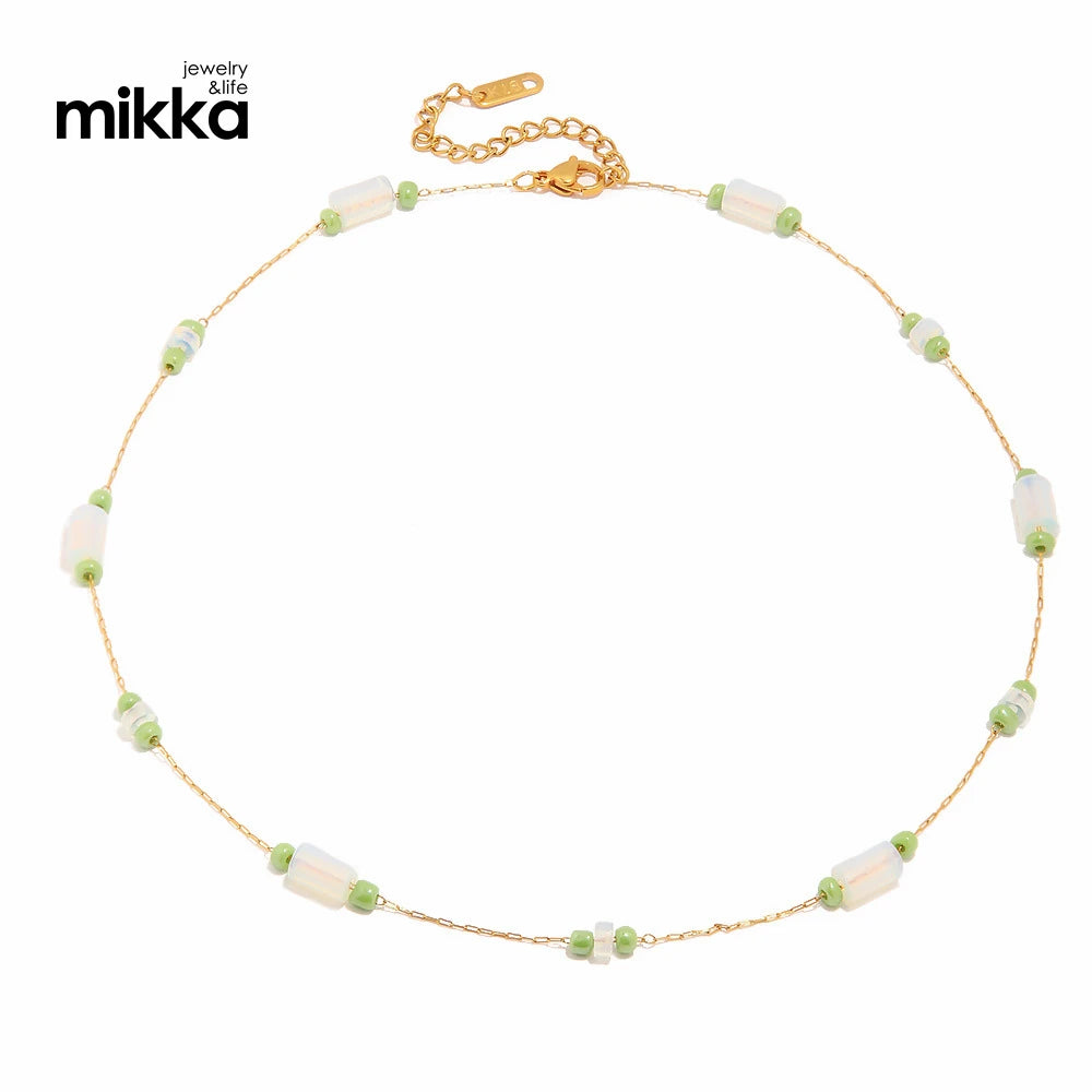 Wholesale Stainless Steel Luxury Green Opal Stone Bead Charm Necklace for Women Jewelry